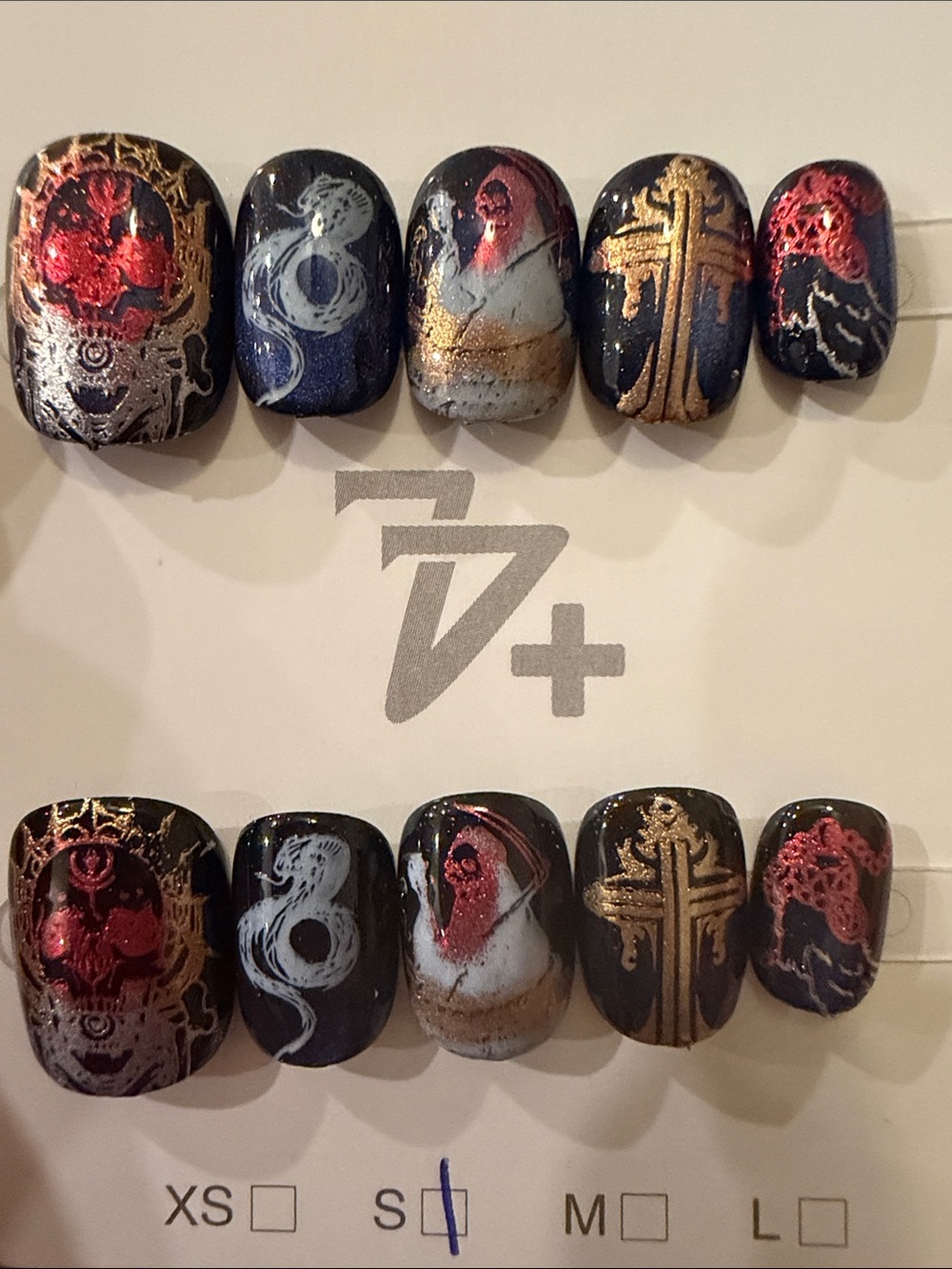 Blue Cateye Gothic Nail Art Set with Gold & Red Accents